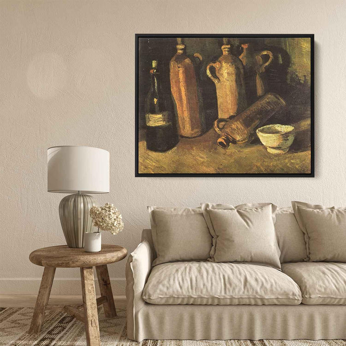 Still Life with Four Stone Bottles, Flask and White Cup by Vincent van Gogh - Canvas Artwork