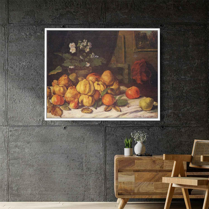 Still Life Apples, Pears and Flowers on a Table, Saint Pelagie by Gustave Courbet - Canvas Artwork