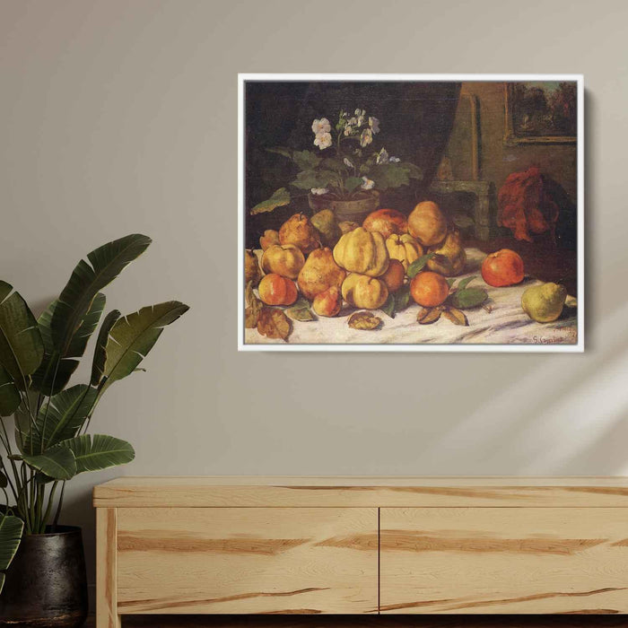 Still Life Apples, Pears and Flowers on a Table, Saint Pelagie by Gustave Courbet - Canvas Artwork
