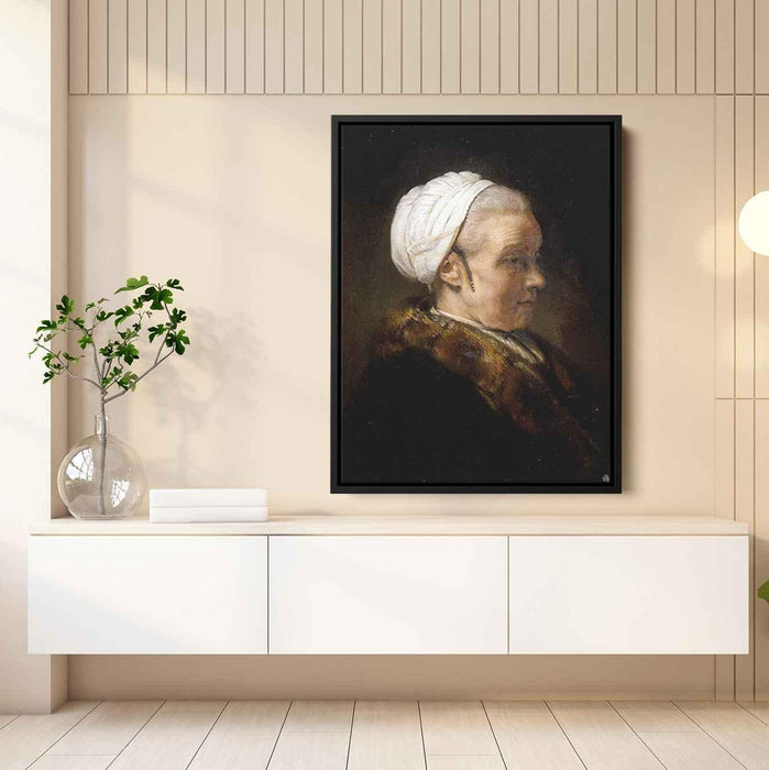 Lighting Study of an Elderly Woman in a White Cap (1640) by Rembrandt - Canvas Artwork