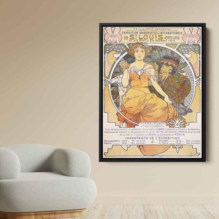 Art nouveau color lithograph poster showing a seated woman clasping the hand of a Native American (1903) by Alphonse Mucha - Canvas Artwork