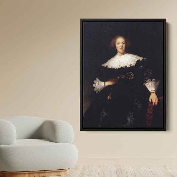 Portrait Of A Young Woman With A Fan (1633) by Rembrandt - Canvas Artwork