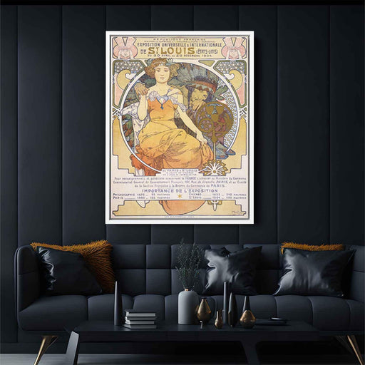 Art nouveau color lithograph poster showing a seated woman clasping the hand of a Native American (1903) by Alphonse Mucha - Canvas Artwork