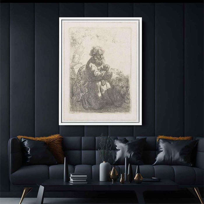 St. Jerome kneeling in prayer, looking down by Rembrandt - Canvas Artwork