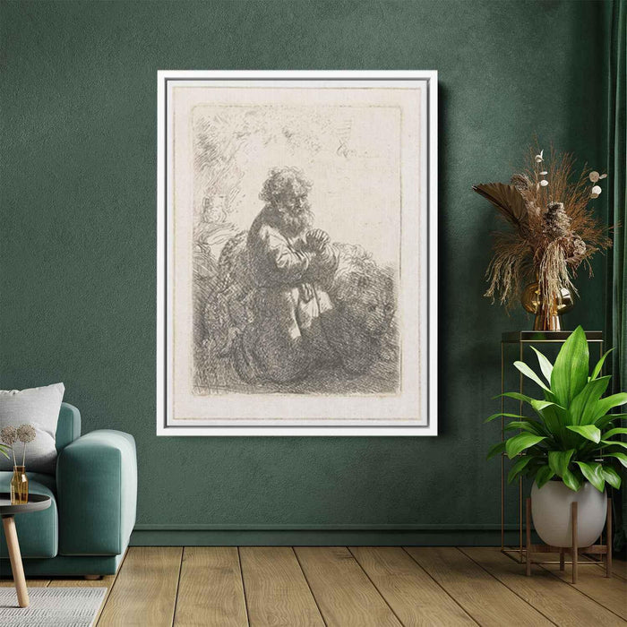 St. Jerome kneeling in prayer, looking down by Rembrandt - Canvas Artwork