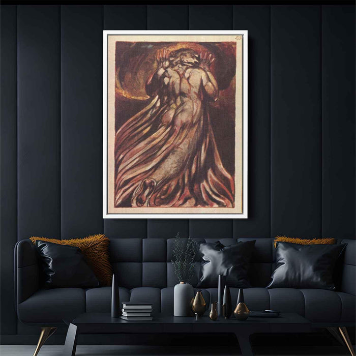 A white haired man in a long, pale robe who flees from us with his hands raised by William Blake - Canvas Artwork
