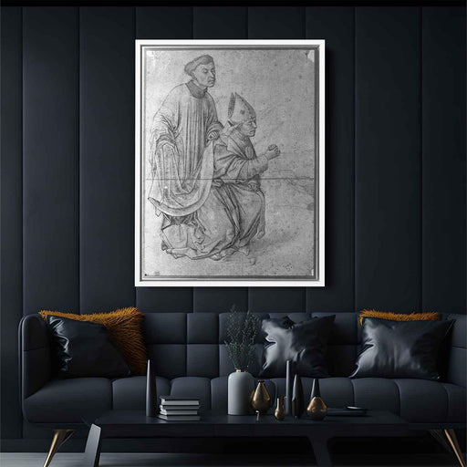 Bishop kneeling, in profile, swinging a censer, accompanied by a clerk by Rogier van der Weyden - Canvas Artwork