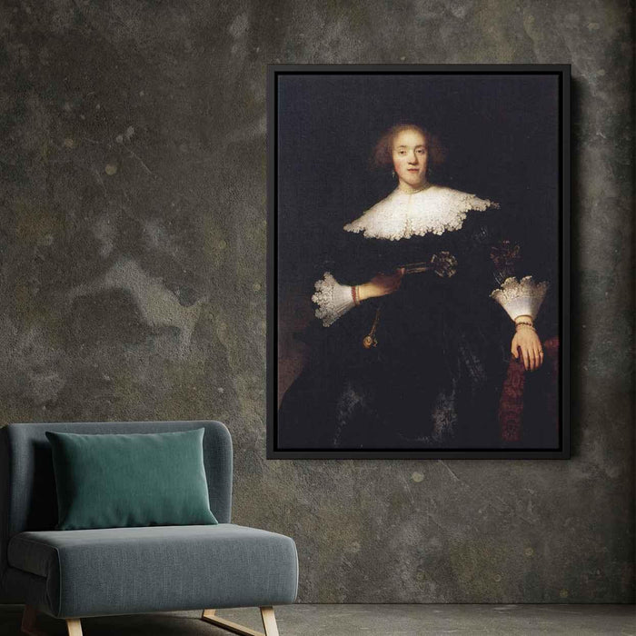 Portrait Of A Young Woman With A Fan (1633) by Rembrandt - Canvas Artwork