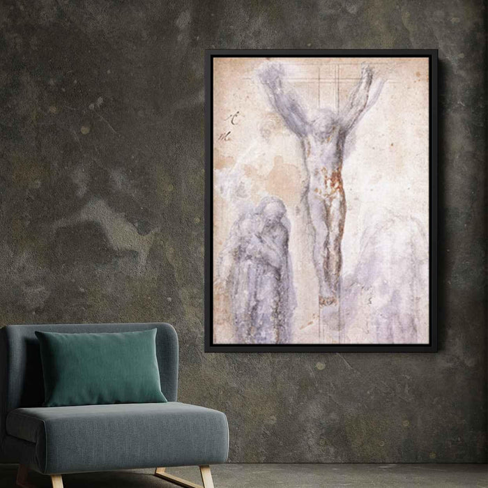 Study of Christ on the Cross between the Virgin and St. John the Evangelist"" (1554) by Michelangelo - Canvas Artwork