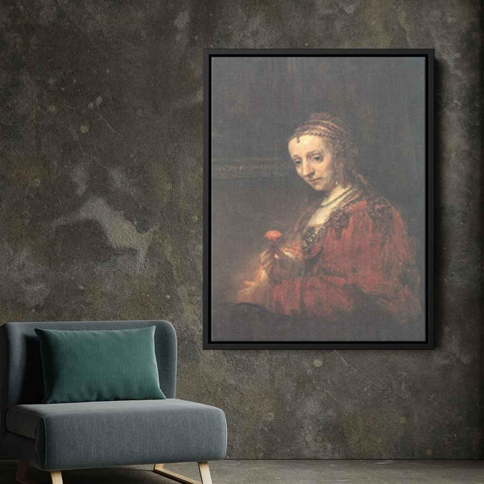 Woman with a Pink (1630) by Rembrandt - Canvas Artwork