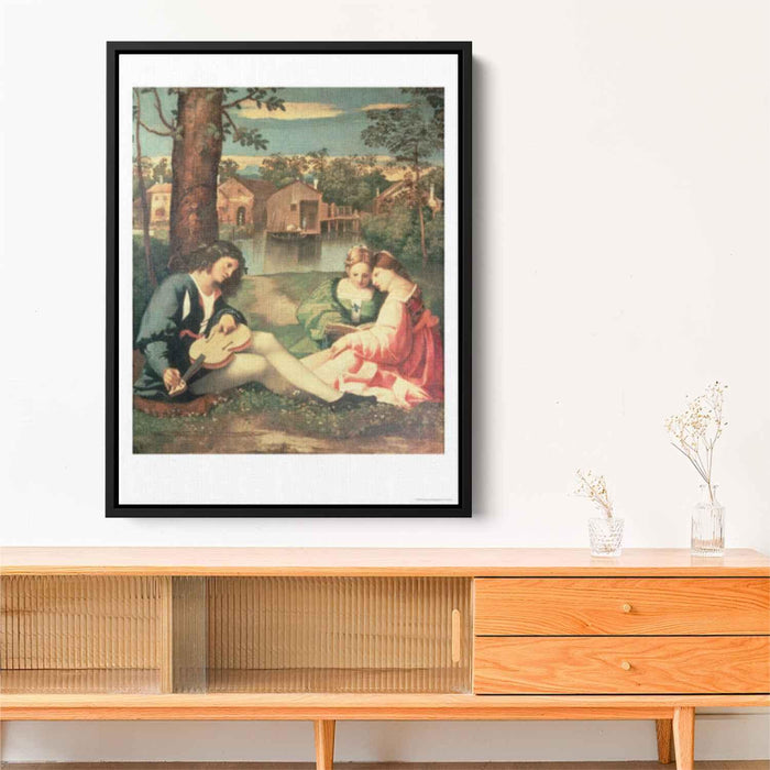 Youth with a guitar and two girls sitting on a river bank by Giorgione - Canvas Artwork