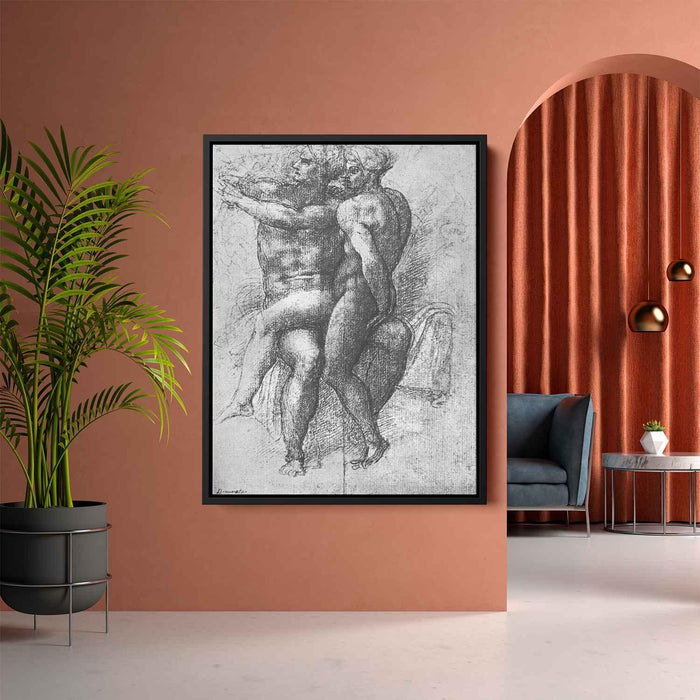 Nude female seated on the knees of a seated male nude: Adam and Eve by Michelangelo - Canvas Artwork