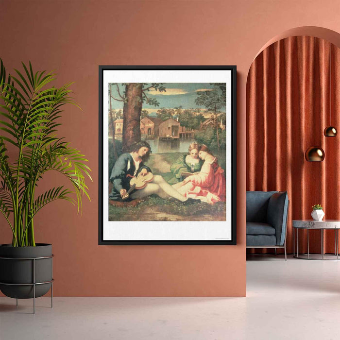 Youth with a guitar and two girls sitting on a river bank by Giorgione - Canvas Artwork
