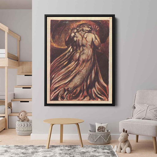 A white haired man in a long, pale robe who flees from us with his hands raised by William Blake - Canvas Artwork