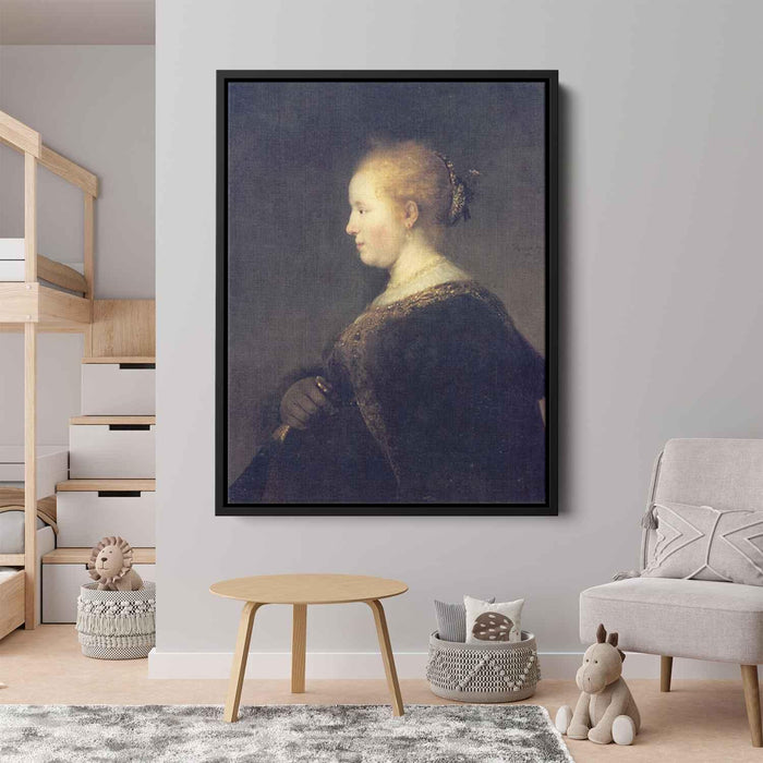 A Young Woman in Profile with a Fan (1632) by Rembrandt - Canvas Artwork