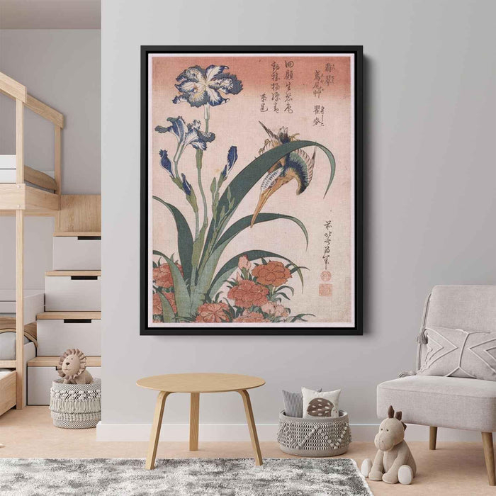 Kingfisher, carnation, iris by Katsushika Hokusai - Canvas Artwork