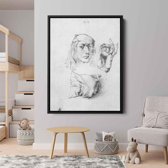 Study sheet with self-portrait, hand, and cushions by Albrecht Durer - Canvas Artwork