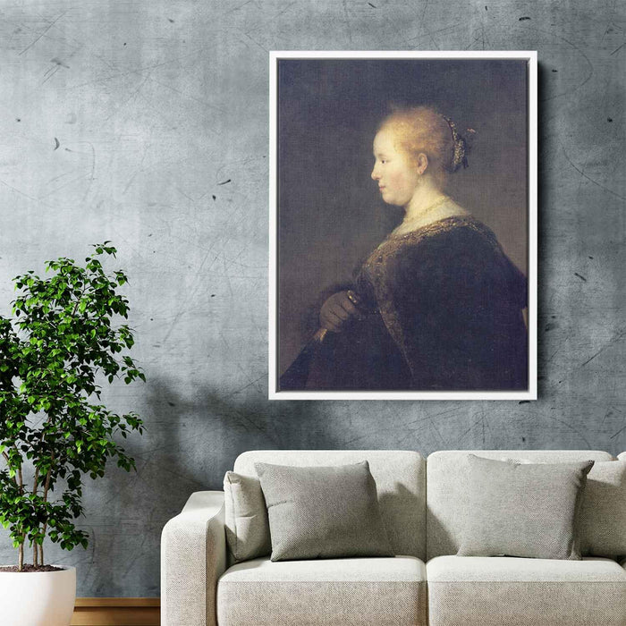 A Young Woman in Profile with a Fan (1632) by Rembrandt - Canvas Artwork