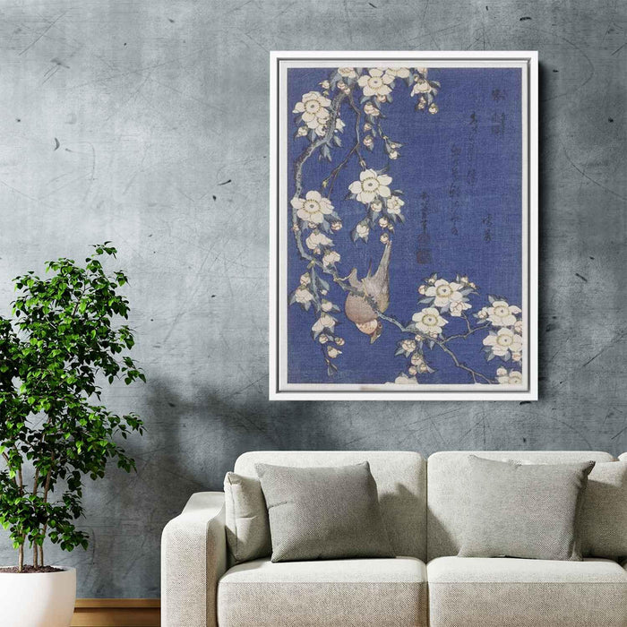 Bullfinch and weeping cherry print by Katsushika Hokusai