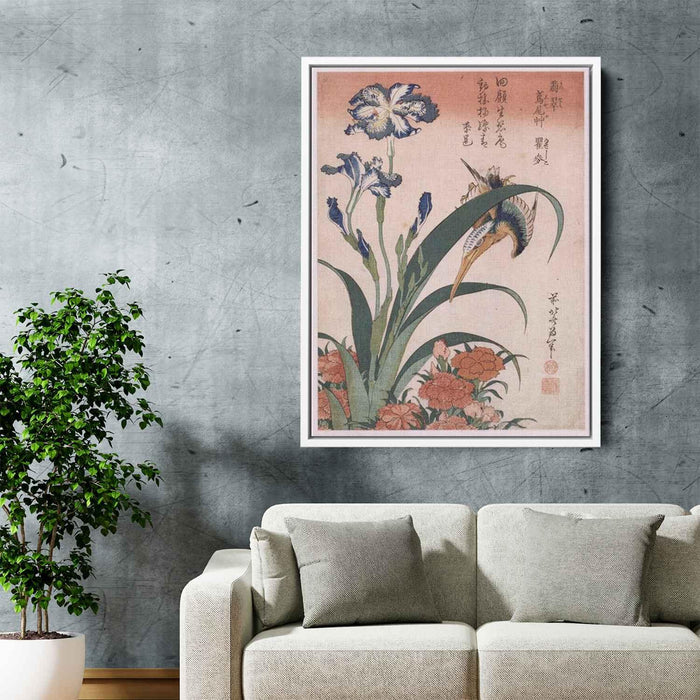 Kingfisher, carnation, iris by Katsushika Hokusai - Canvas Artwork