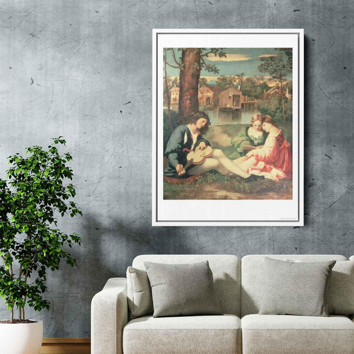 Youth with a guitar and two girls sitting on a river bank by Giorgione - Canvas Artwork