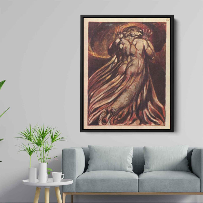 A white haired man in a long, pale robe who flees from us with his hands raised by William Blake - Canvas Artwork