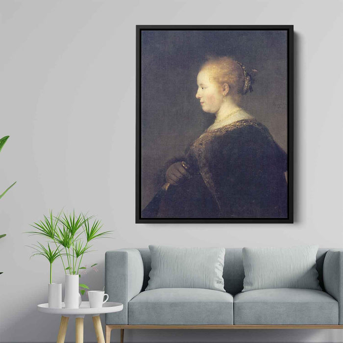 A Young Woman in Profile with a Fan (1632) by Rembrandt - Canvas Artwork