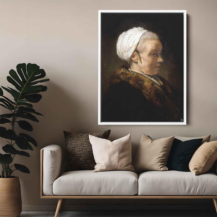 Lighting Study of an Elderly Woman in a White Cap (1640) by Rembrandt - Canvas Artwork