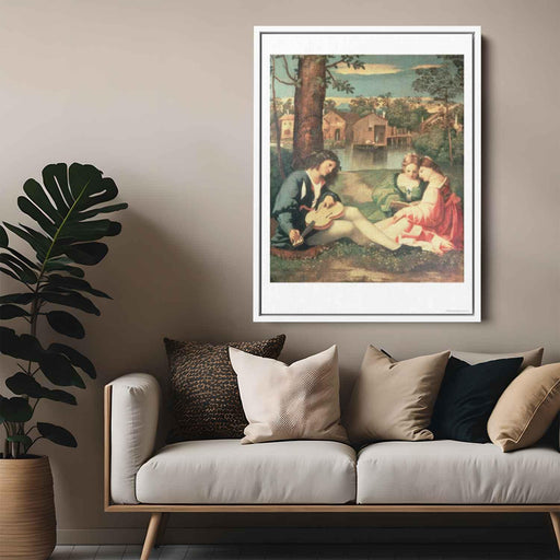 Youth with a guitar and two girls sitting on a river bank by Giorgione - Canvas Artwork