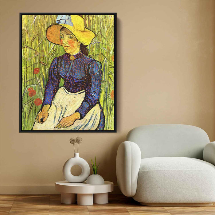 Young Peasant Girl in a Straw Hat sitting in front of a wheatfield (1890) by Vincent van Gogh - Canvas Artwork
