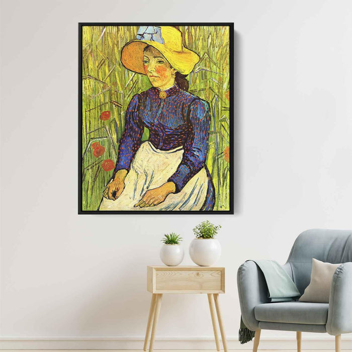 Young Peasant Girl in a Straw Hat sitting in front of a wheatfield (1890) by Vincent van Gogh - Canvas Artwork