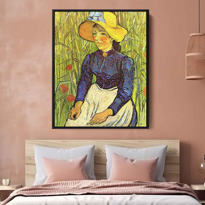 Young Peasant Girl in a Straw Hat sitting in front of a wheatfield (1890) by Vincent van Gogh - Canvas Artwork