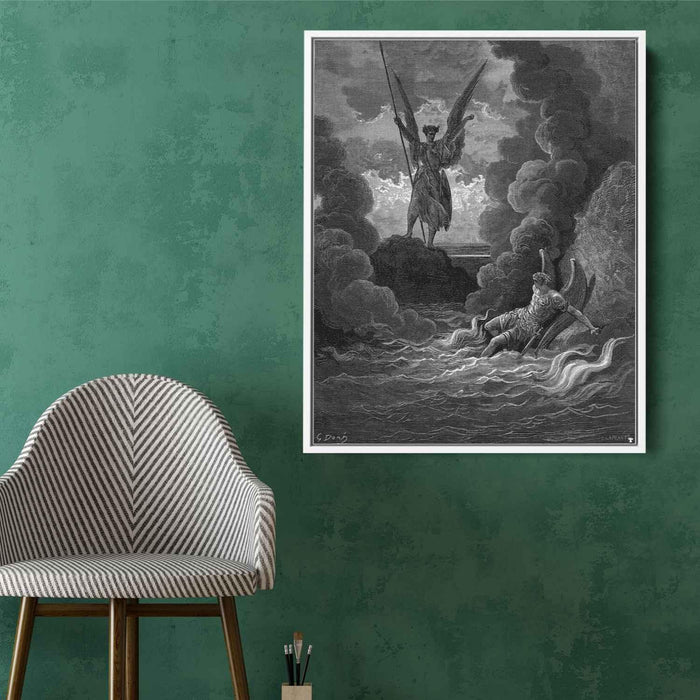 Forthwith upright he rears from off the pool His mighty stature by Gustave Dore - Canvas Artwork