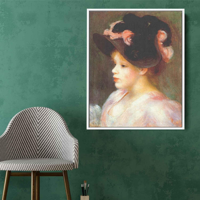 Girl with a pink and black hat (1890) by Pierre-Auguste Renoir - Canvas Artwork