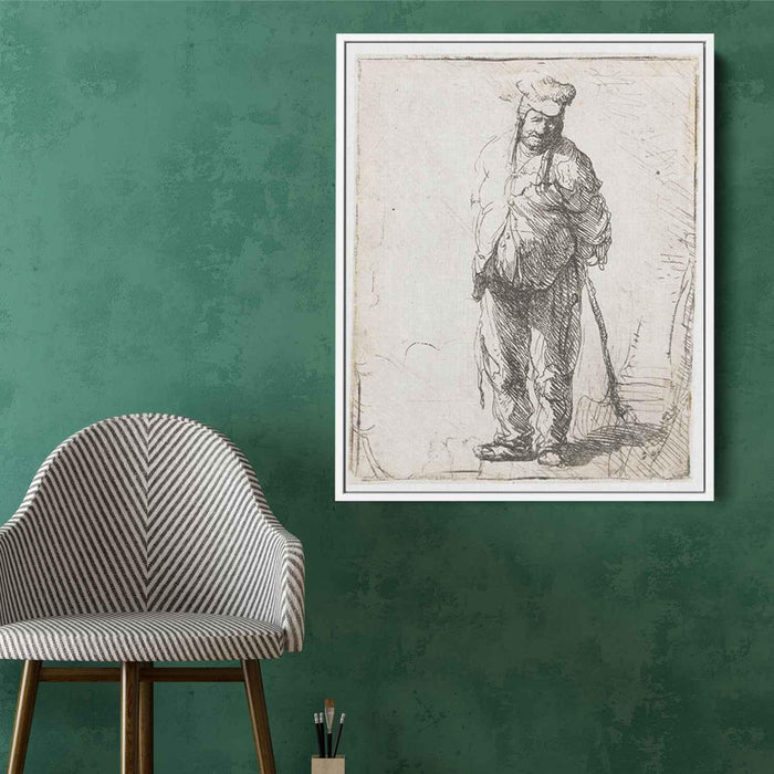Ragged peasant with his hands behind him, holding a stick by Rembrandt - Canvas Artwork