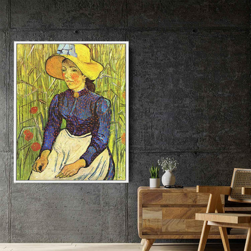 Young Peasant Girl in a Straw Hat sitting in front of a wheatfield (1890) by Vincent van Gogh - Canvas Artwork