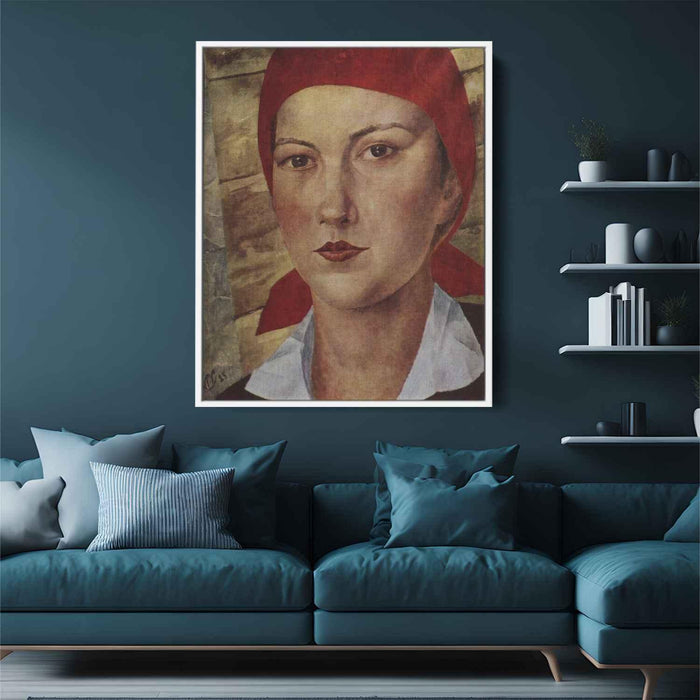 Girl in red scarf (worker) (1925) by Kuzma Petrov-Vodkin - Canvas Artwork