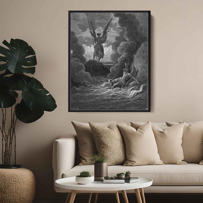 Forthwith upright he rears from off the pool His mighty stature by Gustave Dore - Canvas Artwork