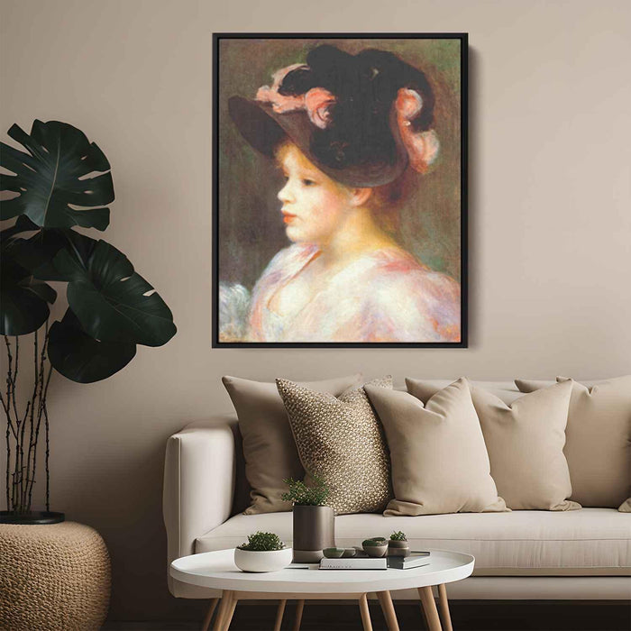 Girl with a pink and black hat (1890) by Pierre-Auguste Renoir - Canvas Artwork