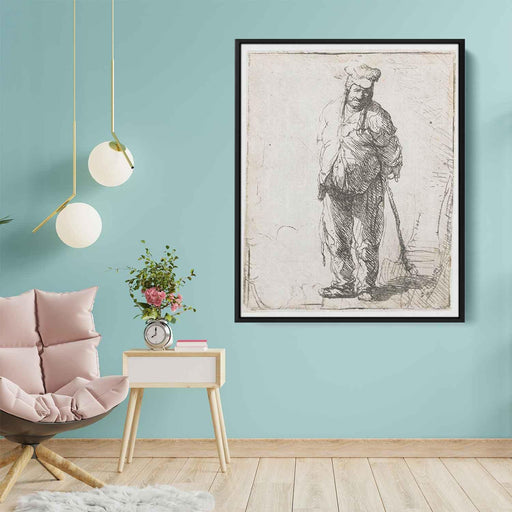 Ragged peasant with his hands behind him, holding a stick by Rembrandt - Canvas Artwork
