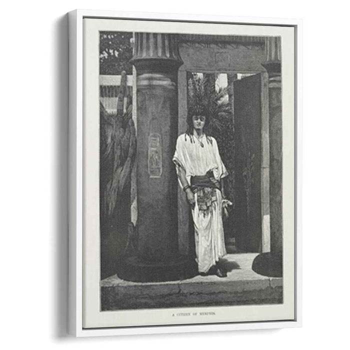 A man dressed in white robes and a thick belt, leaning against a pillar by Sir Lawrence Alma-Tadema