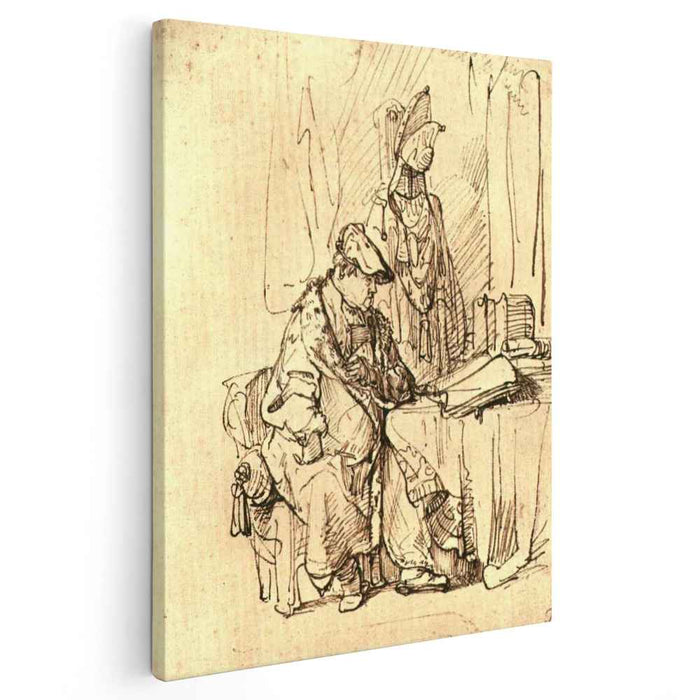 A Man Seated at a Table Covered with Books (1636) by Rembrandt