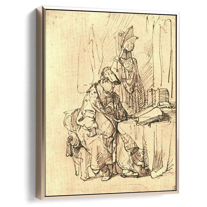 A Man Seated at a Table Covered with Books (1636) by Rembrandt