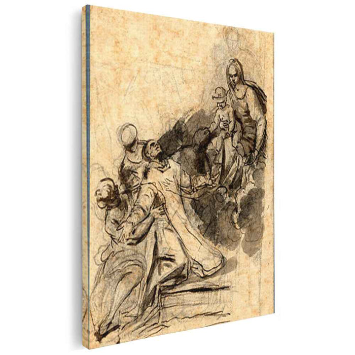 A saint kneeling and supported by angels, in ecstasy before the Virgin and Child on a Cloud by Bartolome Esteban Murillo