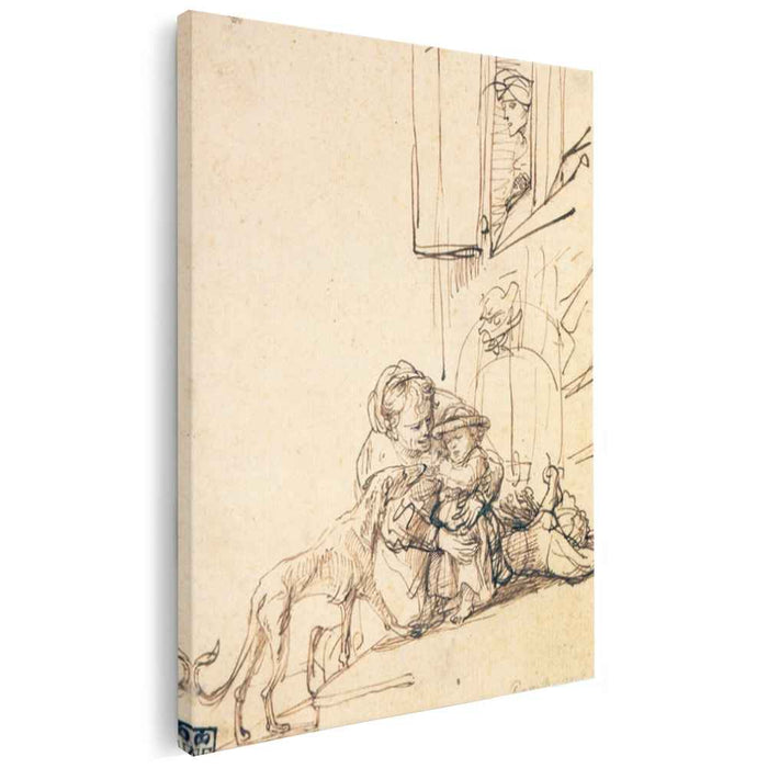 A Woman with a Child Frightened by a Dog (1636) by Rembrandt
