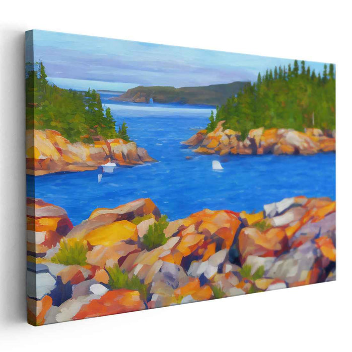 Emerald Waves Dance Amidst Greenery: Vibrant Seascape with Lush Foliage Canvas Art Print