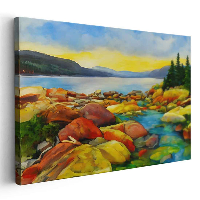 Luminous Waterside Serenity: Vibrant Lakeside Landscape Canvas Art Print