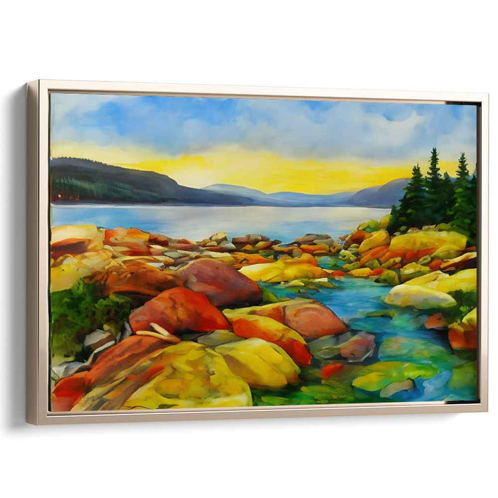 Luminous Waterside Serenity: Vibrant Lakeside Landscape Canvas Art Print