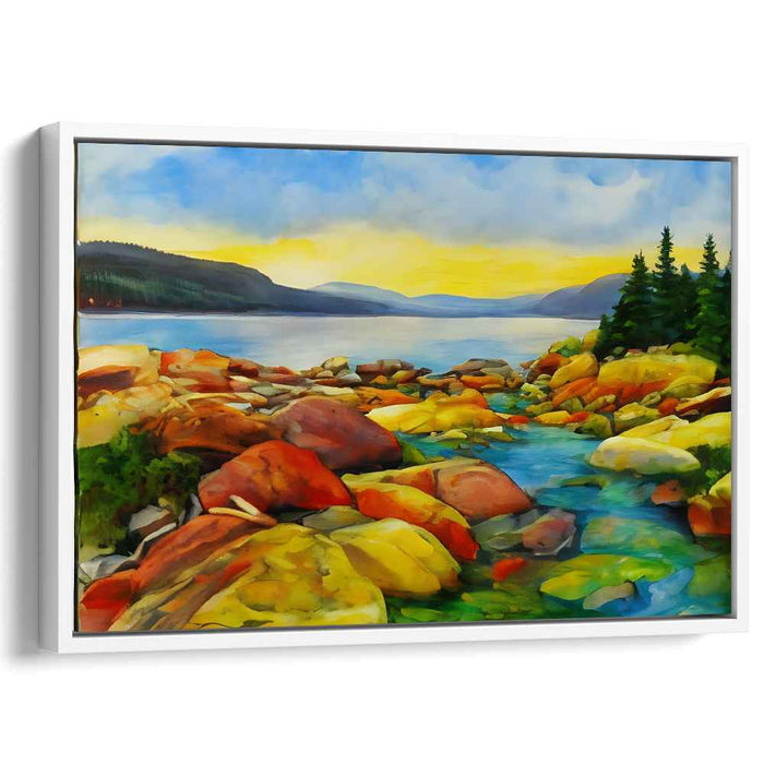 Luminous Waterside Serenity: Vibrant Lakeside Landscape Canvas Art Print