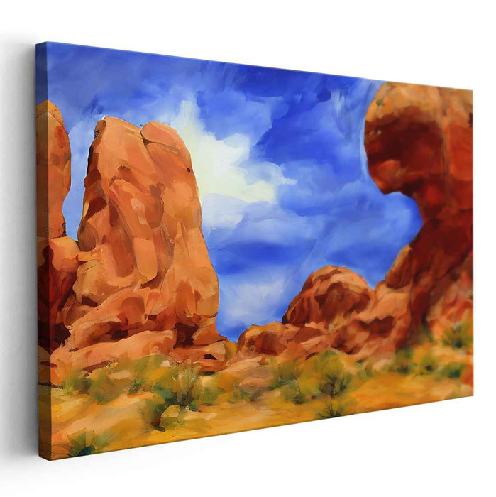 Crimson Echoes in Stone: Vibrant Red Rock Landscape Canvas Art Print